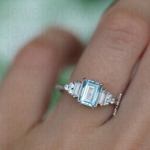 Lab Grown Aquamarine Ring, 925 Sterling Silver, Emerald Cut Aquamarine Jewelry, March Birthstone, Proposal Ring, Gift For Her, Bridal Ring