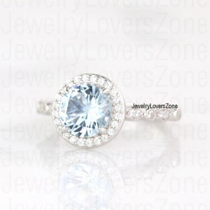Hermoso anillo de aguamarina- Anillo de plata esterlina- Anillo de compromiso de halo oculto- Anillo de promesa- Piedra natal de marzo- Regalo de aniversario para ella
