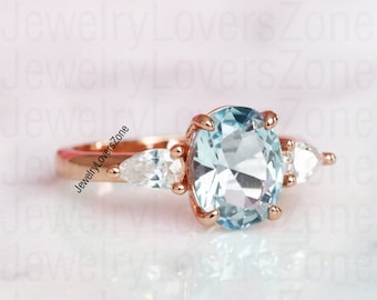Oval Aquamarine Ring, Promise Engagement Ring, March Birthstone, Anniversary Gift for Her, Oval Cut Ring, Birthday Gift, 14k Rose Gold Ring