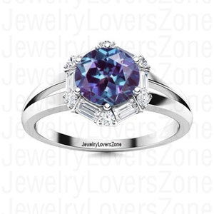 Alexandrite Round Cut Ring Women's Color Change Sterling Silver Ring June Birthstone Engagement Ring