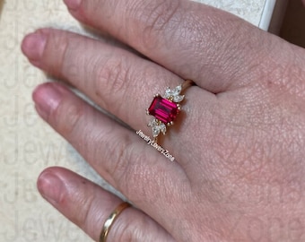 Vintage Lab Ruby Ring, Elegant Engagement Ring, Pink Promise Ring, 925 Sterling Silver Ring, Emerald Cut Anniversary Birthday Gift For Her