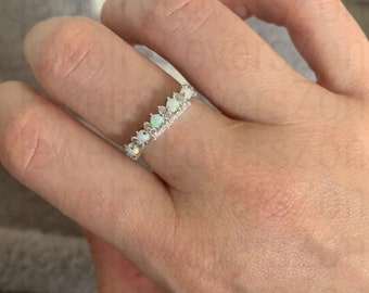 Opal Band Ring, Opal Stacking Ring, White Opal and CZ Ring, Opal Wedding Band, Silver Opal Ring, Delicate Opal Ring, Bridesmaid Gift
