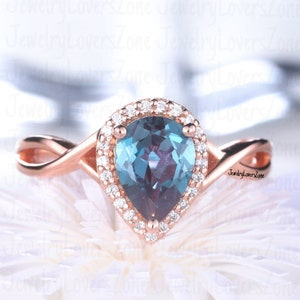 Lágrima Alexandrite Anillo de compromiso Púrpura Alexandrita Anillo de alejandrita Oro rosa Anillo de alejandrita Anillo de plata de ley Anillo Art Deco para mujeres