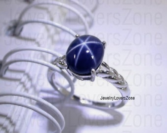 8x10mm Natural 6 Ray Blue Star-Sapphire Women Ring in 925 Sterling Silver