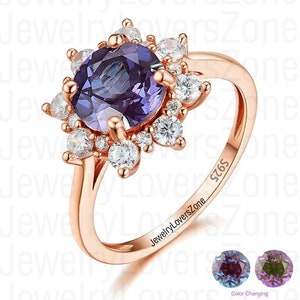 Lab Alexandrite Ring- 24K Rose Gold Vermeil Ring- Engagement Ring Promise Ring Color Changing Stone June Birthstone Anniversary Gift For Her