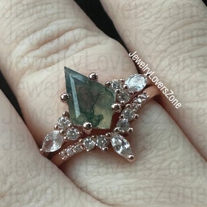 Sky Kite Green Moss Agate Ring Set- 24K Rose Gold Vermeil Natural Agate Engagement Ring-Promise Ring Green Gemstone Anniversary Gift For Her