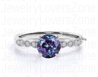 Silver Alexandrite Ring, Color Changing Stone Ring, Round Cut, June Birthstone, Engagement Ring