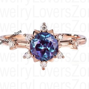 Bague Alexandrite ronde, Vermeil en or rose 24 carats, Bague de fiançailles, Bague de promesse, Bague de pierre de naissance de juin, Cadeau d’anniversaire pour elle, bague de promesse