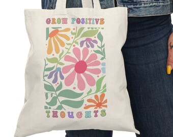 Canvas draagtas met bloemenprint – Laat positieve gedachten groeien, cadeau geestelijke gezondheid
