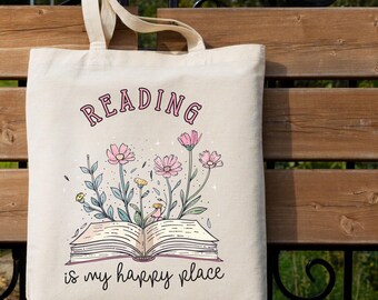Floral Book Bag: 'Reading is My Happy Place' Cotton Canvas Tote