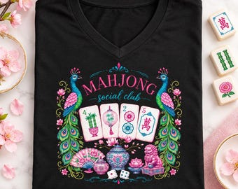Mahjong Social Club V-neck shirt, American Mah Jongg Tiles Shirt, Comfort Colors 1717 or V Neck, Mahjong Player Gift, Girls Game Night