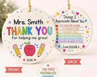 Personalized Teacher Ornament, Teacher Appreciation Gift, Thank You Ornament, Best Teacher Keepsake, Custom Christmas Ornament