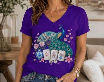 Mah Jongg Shirt for Women, Peacock Mahjong Shirt, V Neck or Comfort Colors Tee, American Mahjong Gift, Mahjong Player Gift
