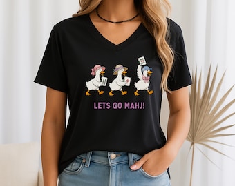 Let's Go Mahj V-neck Tshirt, Silly Geese Mahjong Player Gift, Game Night Tee