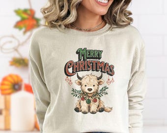 Sudadera navideña con diseño de vaca de las Tierras Altas: Ropa navideña de granja