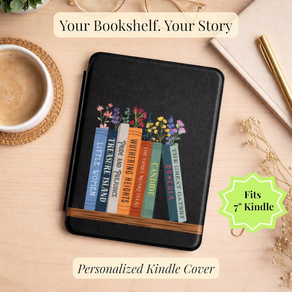 Personalized Bookshelf Kindle Cover, Floral Book Lover Gift (7" Kindle)
