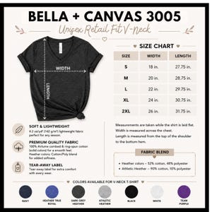 May include: A dark grey V-neck t-shirt displayed with a size chart showing widths and lengths in inches from 18 to 26 inches and 27.75 to 31.75 inches. The graphic includes fabric details, a tear-away label note, and seven color swatches.