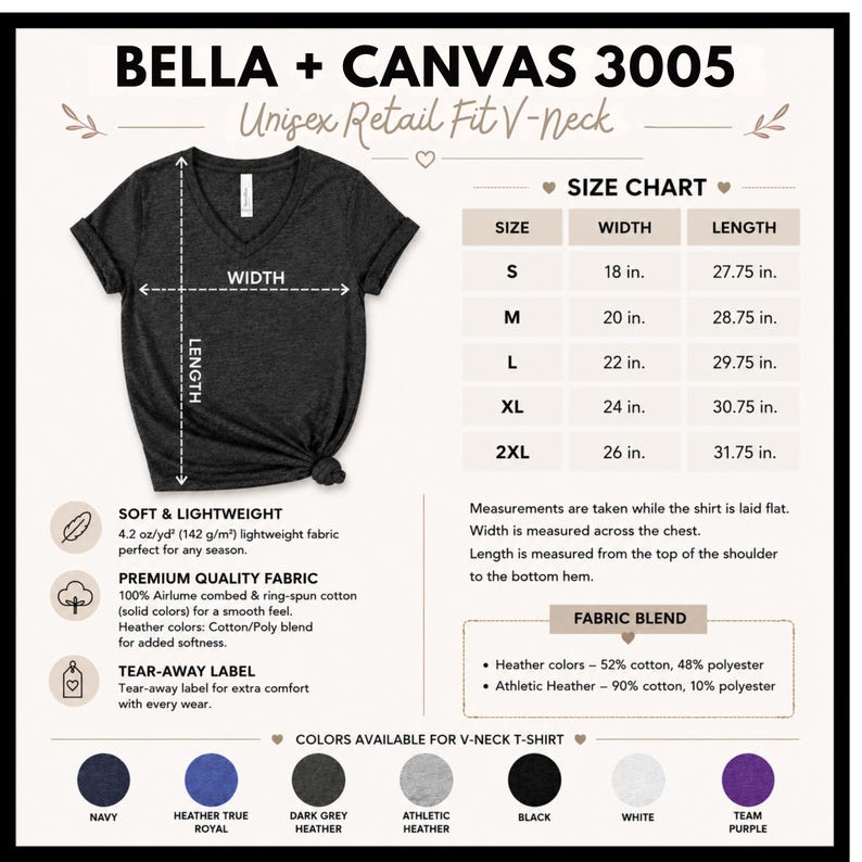 May include: A dark grey V-neck t-shirt displayed with a size chart showing widths and lengths in inches from 18 to 26 inches and 27.75 to 31.75 inches. The graphic includes fabric details, a tear-away label note, and seven color swatches.