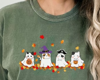 Camiseta Comfort Colors con gatos de Halloween, camiseta de otoño para amantes de los gatos