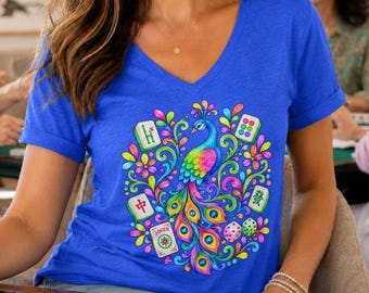 Mahjong V-neck Shirt  – Beautiful Floral Mahjong V-neck T-shirt, American Mah Jongg Tee,  Mahjong Gift Ideas