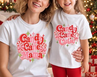 Matching Candy Cane Mama & Cutie Shirts, Mom and Daughter Christmas Shirts, Retro Holiday Tees, Mommy and Me Christmas Outfit