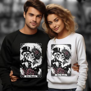 Braut und Bräutigam Tarot Karte Sweatshirt, passendes Hallowen Paar, Rock n Roll Hochzeit, Verlobungsgeschenk, Gothic Braut, Til Death Tarot Karte