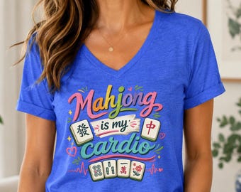 Mahjong is My Cardio V-neck T-shirt, Funny Mah Jongg Player Gift, Mahjong Gift Ideas