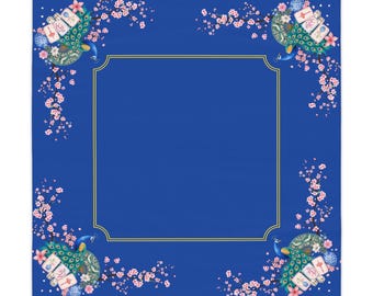Mahjong Tablecloth, Peacock Cherry Blossom Table Cover, 55 Inch Square Game Night Decor, Hostess Gift