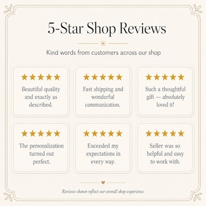 May include: A graphic display titled 5-Star Shop Reviews featuring six individual customer testimonials, each accompanied by five gold stars. The text includes phrases like Beautiful quality, Fast shipping, and Exceeded my expectations.