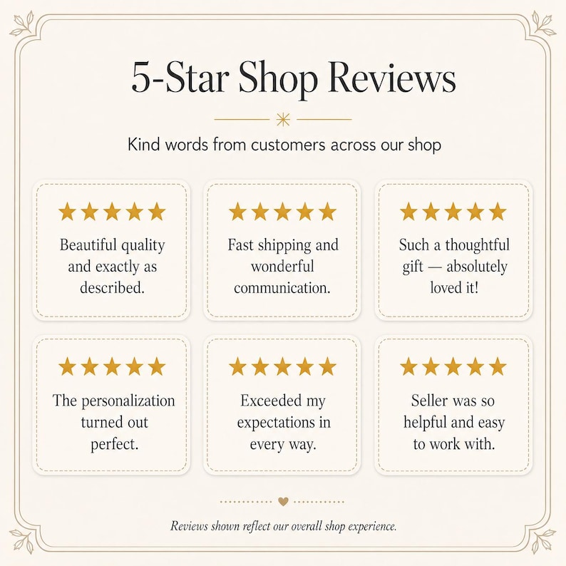 May include: A graphic display titled 5-Star Shop Reviews featuring six individual customer testimonials, each accompanied by five gold stars. The text includes phrases like Beautiful quality, Fast shipping, and Exceeded my expectations.