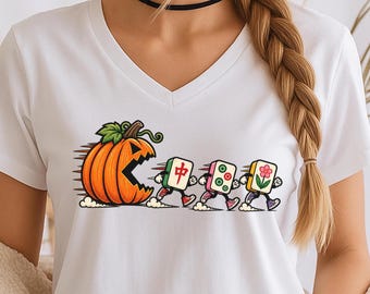 Halloween Mahjong Shirt, Pumpkin Mahjong V-neck Tee, Funny Mahjong Halloween Shirt, Mah jongg Lover Gift, Fall Game Night T-Shirt