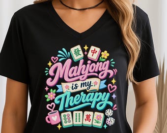 Mahjong Is My Therapy V-Neck Shirt, Minimalist Mah jongg Tee, Mahjong Player Gift, Mahjong Gift Idea