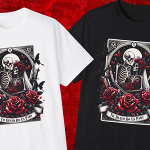 T-shirt gotiche con carte dei tarocchi abbinate alla sposa e allo sposo, camicia per il giorno del matrimonio Rock n Roll, coppia di scheletri, regalo di fidanzamento, Halloween gotico