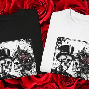 Gothic Braut und Bräutigam passende Tarot-Karte T-Shirts, Rock n Roll Hochzeitstag Shirt, Skelett-Hochzeit, bis zum Tod Party, schwarzes Hochzeitsgeschenk