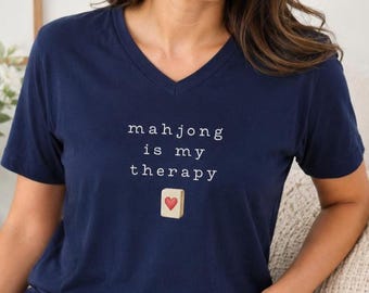 Mahjong Is My Therapy V-Neck Shirt, Minimalist Mah jongg Tee, Mahjong Player Gift, Mahjong Gift Idea