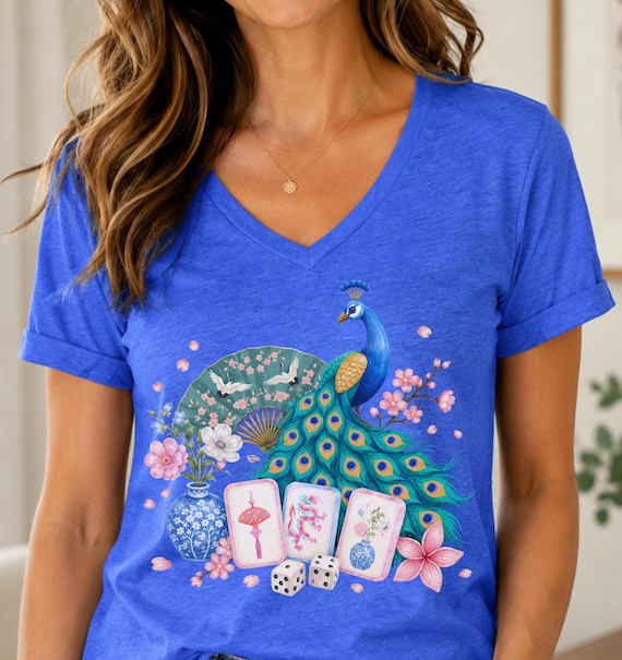 Mahjong Shirt  – Beautiful Peacock Floral Mahjong V-neck T-shirt, American Mah Jongg Tee,  Mahjong Gift Ideas