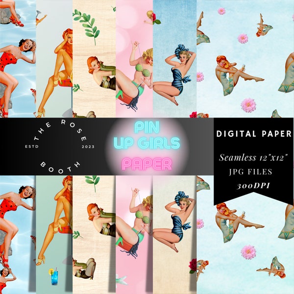 Pin up girls Paper SET of 6, Seamless, High Quality JPG Files    -DIGITAL