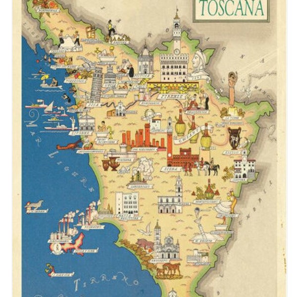 Tuscany (Tuscana) Map Hand Illustrated Poster, with Hill Towns, Castles, & Points of Interest Made in Firenze, Italy, 22lb acid-free Paper