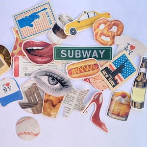 May include: A collection of colourful stickers featuring New York City themed imagery, including the Statue of Liberty, the Brooklyn Bridge, a subway sign, a hot dog, a pretzel, a taxi cab, and a glass of whiskey. The stickers are perfect for decorating journals, laptops, water bottles, and other personal items.