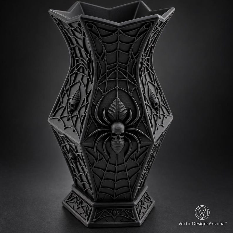 Close detail of the Noctara vase's skull-bodied spider, raised web pattern, ornate base, and matte PLA texture.