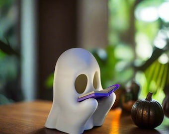 Portavelas con forma de fantasma lector impreso en 3D — Brilla en la oscuridad. Decoración de Halloween, regalo ideal para amantes de los libros.