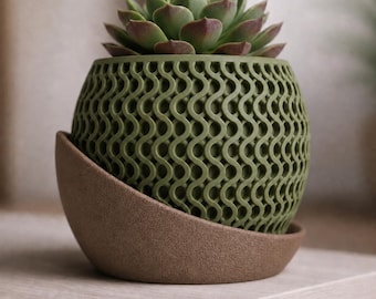 Maceta Solara Wave, maceta para suculentas impresa en 3D con bandeja de goteo, maceta moderna para escritorio, maceta pequeña, decoración bohemia para estantes, regalo para amantes de las plantas