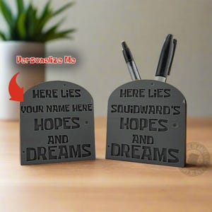 Gepersonaliseerde potloodhouder gotische grafsteen — Gothic bureaudecoratie, cadeau collega