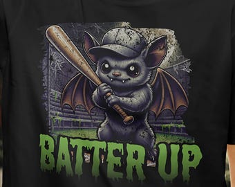 Halloween Batter Up Tee Shirt for Women & Men, Funny Spooky Season Graphic, Trick or Treat Costume Top, Fall Holiday Apparel