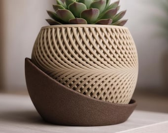 Maceta para suculentas con textura tejida y bandeja de goteo, maceta pequeña para plantas de interior, decoración de escritorio estilo boho impresa en 3D, maceta para cactus, regalo de inauguración de casa