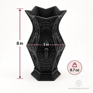 Noctara gothic vase dimensions: 8 inches tall, 5 inches wide, and 8.7 ounces.