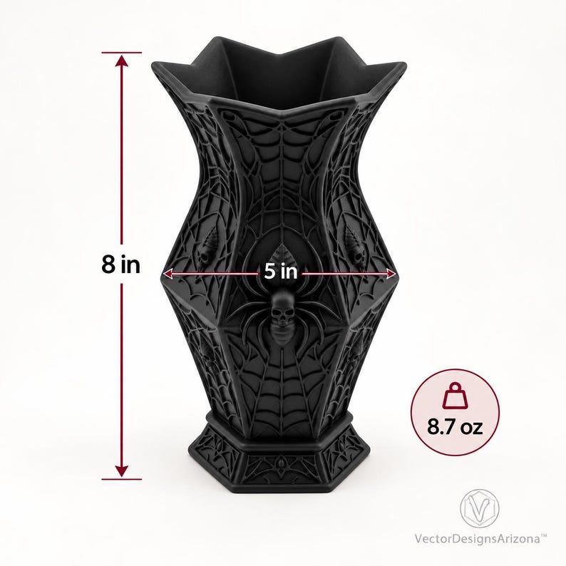 Noctara gothic vase dimensions: 8 inches tall, 5 inches wide, and 8.7 ounces.