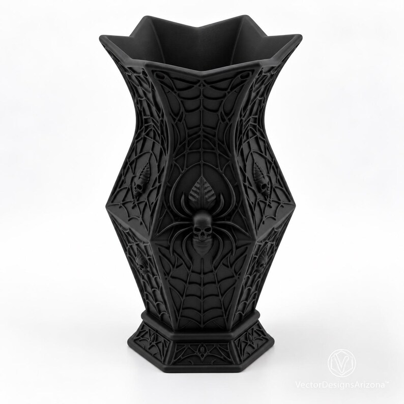 Noctara matte-black 3D-printed gothic spiderweb skull dry vase on a clean studio background.