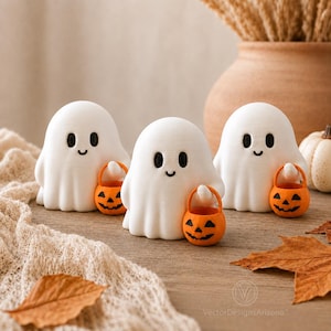 Schattig klein Halloween-spookje met optionele gepersonaliseerde standaard, 3D-geprinte Trick-or-Treat bureaudecoratie, griezelig spookfiguurtje