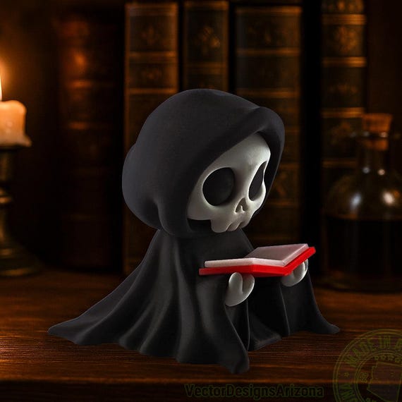 Gothic Valentine Gift, Grim Reader Reaper Reading Figurine, Til Death Do Us Part Gift for Book Lover, Handmade Spooky Decor